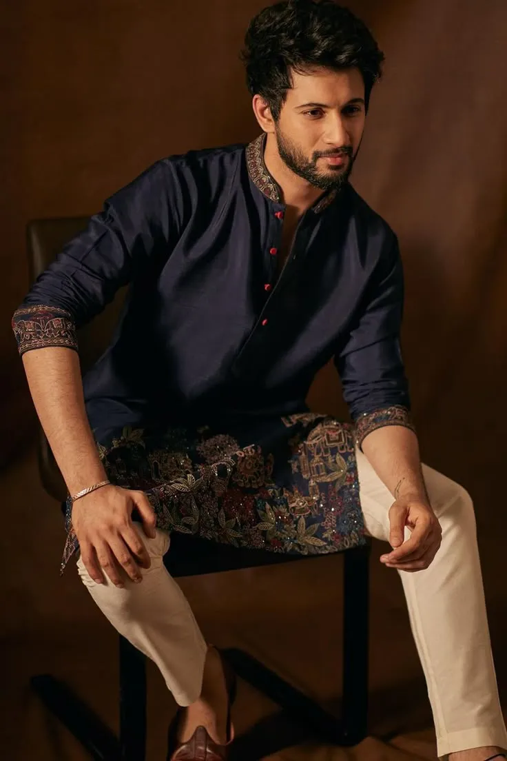 Silk Embroidered    Navy Blue Men's Straight Cut Kurta Pajama