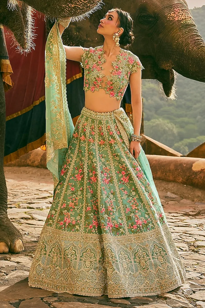 Sea Blue Organza Embroidered Lehenga Set