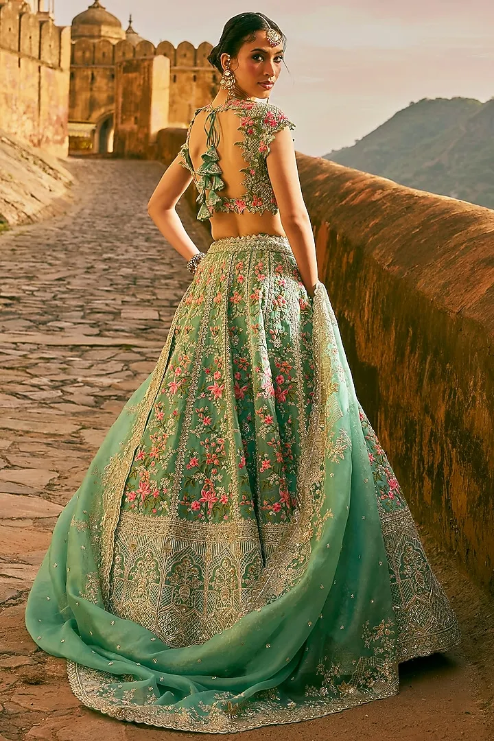 Sea Blue Organza Embroidered Lehenga Set