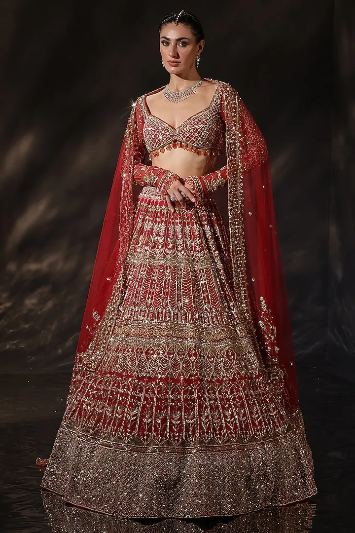 Red Silk Embroidered Lehenga   Set