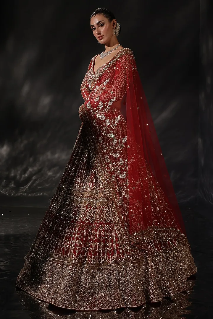 Red Silk Embroidered Lehenga   Set