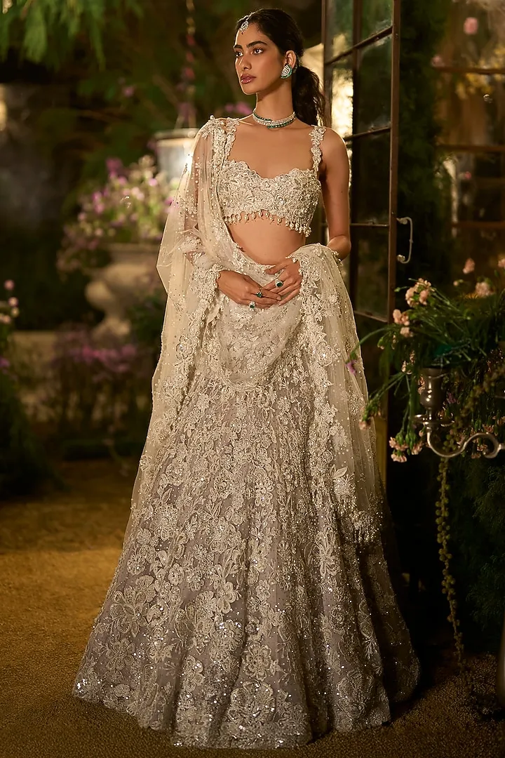 Ice Grey Net Bead & Sequin    Embroidered Lehenga Set