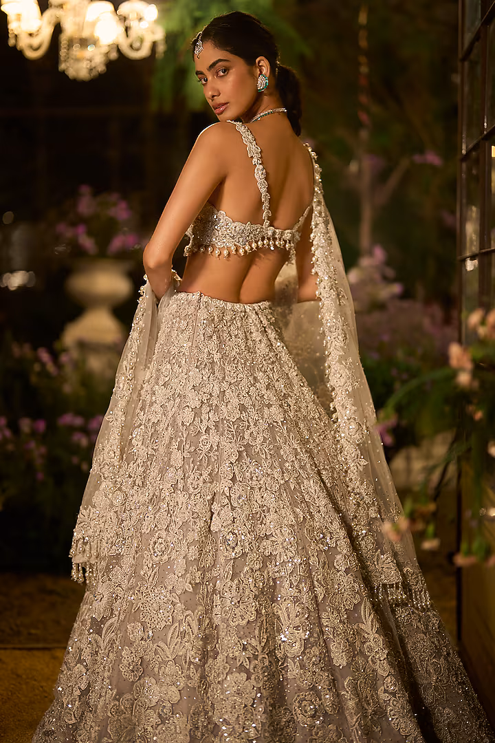 Ice Grey Net Bead & Sequin    Embroidered Lehenga Set